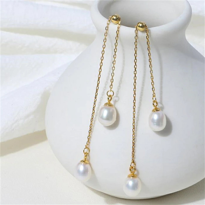 Bông Tai Ngọc Trai Nước Ngọt Tự Nhiên Giọt Nước Tua Dài MADAME HIEN PEARLS BTG049