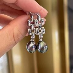 Bông Tai Dây Đồng Hồ Mặt Tua Rua Đính Ngọc Trai Giọt Nước Đen Tự Nhiên MADAME HIEN PEARLS Cho Nữ BTG161