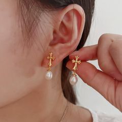 Bông Tai Ngọc Trai Giọt Nước Tự Nhiên Tua Rua Mặt Thánh Giá MADAME HIEN PEARLS Cho Nữ BTG163