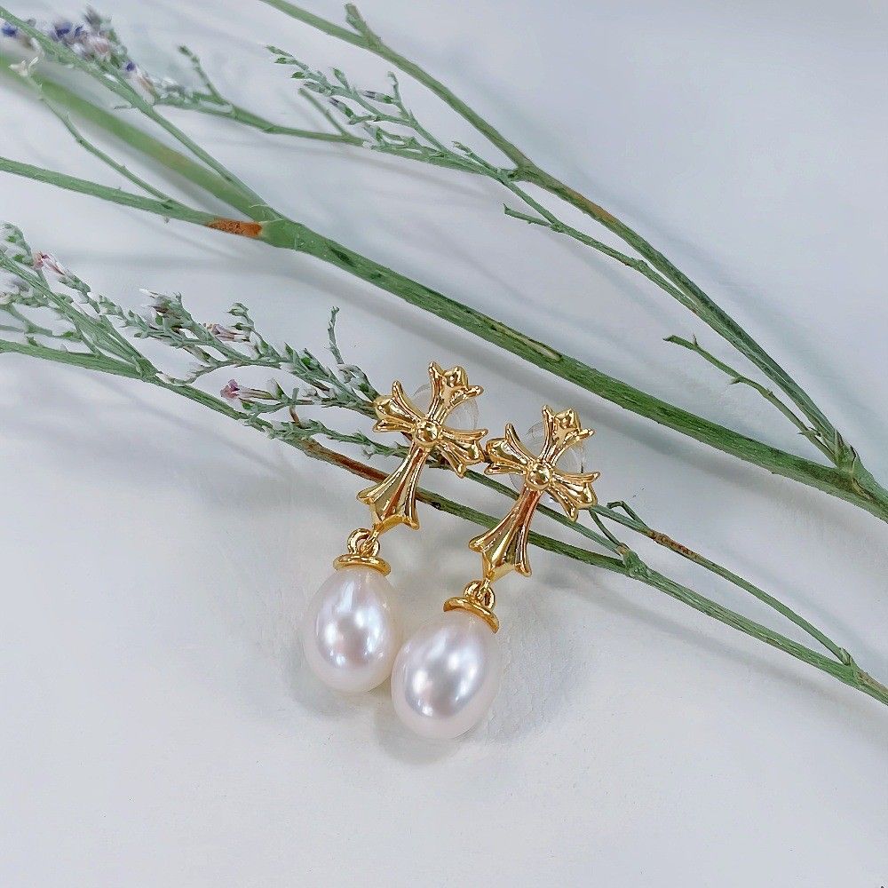 Bông Tai Ngọc Trai Giọt Nước Tự Nhiên Tua Rua Mặt Thánh Giá MADAME HIEN PEARLS Cho Nữ BTG163