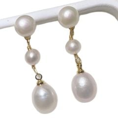 Bông Tai Tua Rua 3 Hạt Ngọc Trai Giọt Nước Tự Nhiên MADAME HIEN PEARLS Cho Nữ BTG164