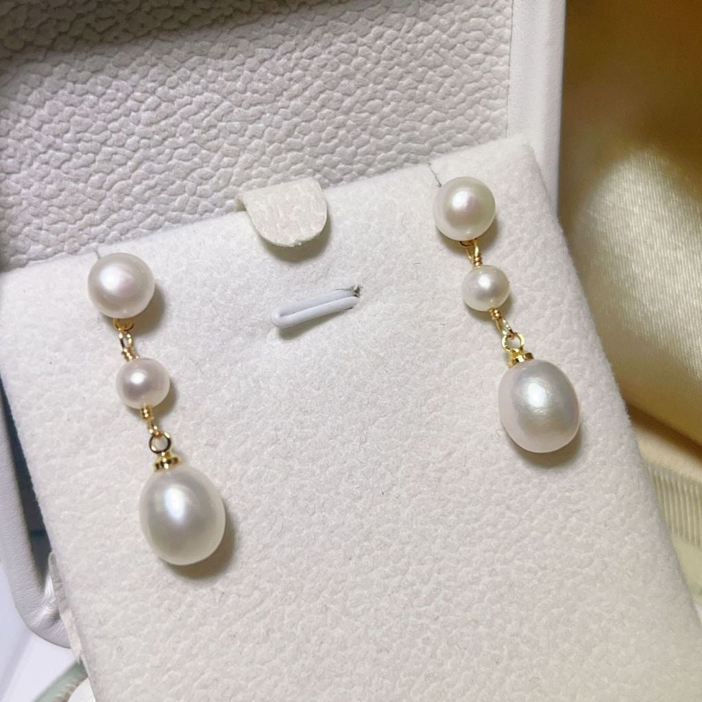 Bông Tai Tua Rua 3 Hạt Ngọc Trai Giọt Nước Tự Nhiên MADAME HIEN PEARLS Cho Nữ BTG164