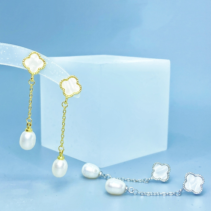 Bông Tai Tua Rua Ngọc Trai Hạt Gạo Tự Nhiên Mặt Cỏ 4 Lá Ngọc Trai Phú Quốc Giá Sỉ BTG170