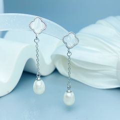 Bông Tai Tua Rua Ngọc Trai Hạt Gạo Tự Nhiên Mặt Cỏ 4 Lá Ngọc Trai Phú Quốc Giá Sỉ BTG170