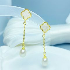 Bông Tai Tua Rua Ngọc Trai Hạt Gạo Tự Nhiên Mặt Cỏ 4 Lá Ngọc Trai Phú Quốc Giá Sỉ BTG170