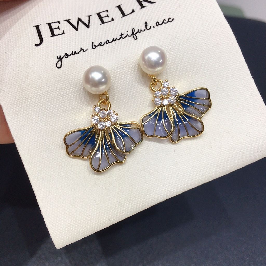 Bông Tai Ngọc Trai Tự Nhiên Mặt Tua Rua Lá Bạch Quả Ginkgo Tím MADAME HIEN PEARLS Cho Nữ BTN302