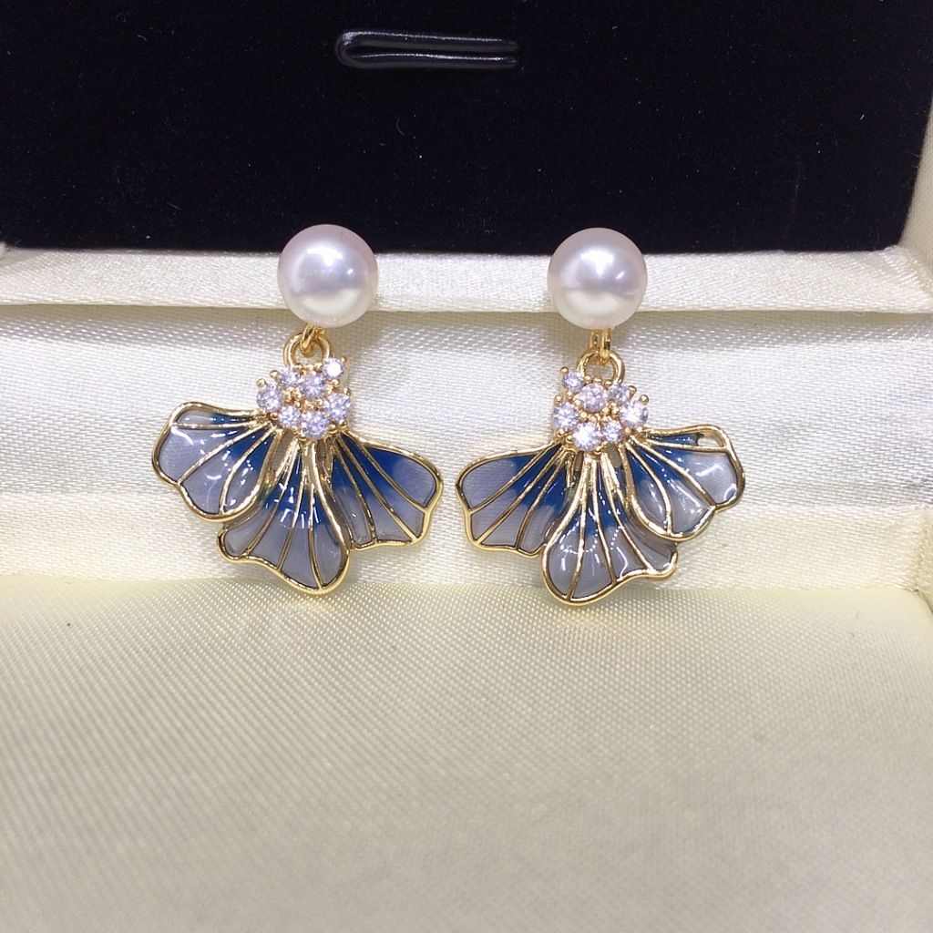 Bông Tai Ngọc Trai Tự Nhiên Mặt Tua Rua Lá Bạch Quả Ginkgo Tím MADAME HIEN PEARLS Cho Nữ BTN302
