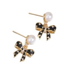 Bông Tai Ngọc Trai Tự Nhiên Mặt Nơ Đen Cổ Điển MADAME HIEN PEARLS Cho Nữ BTN303