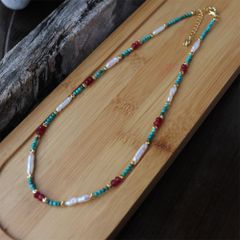 Vòng cổ Boho Đá Tự Nhiên Sắc Màu Phối Ngọc Trai Baroque Dáng Que Tự Nhiên MADAME HIEN PEARLS Unisex Nam Nữ BPMB001