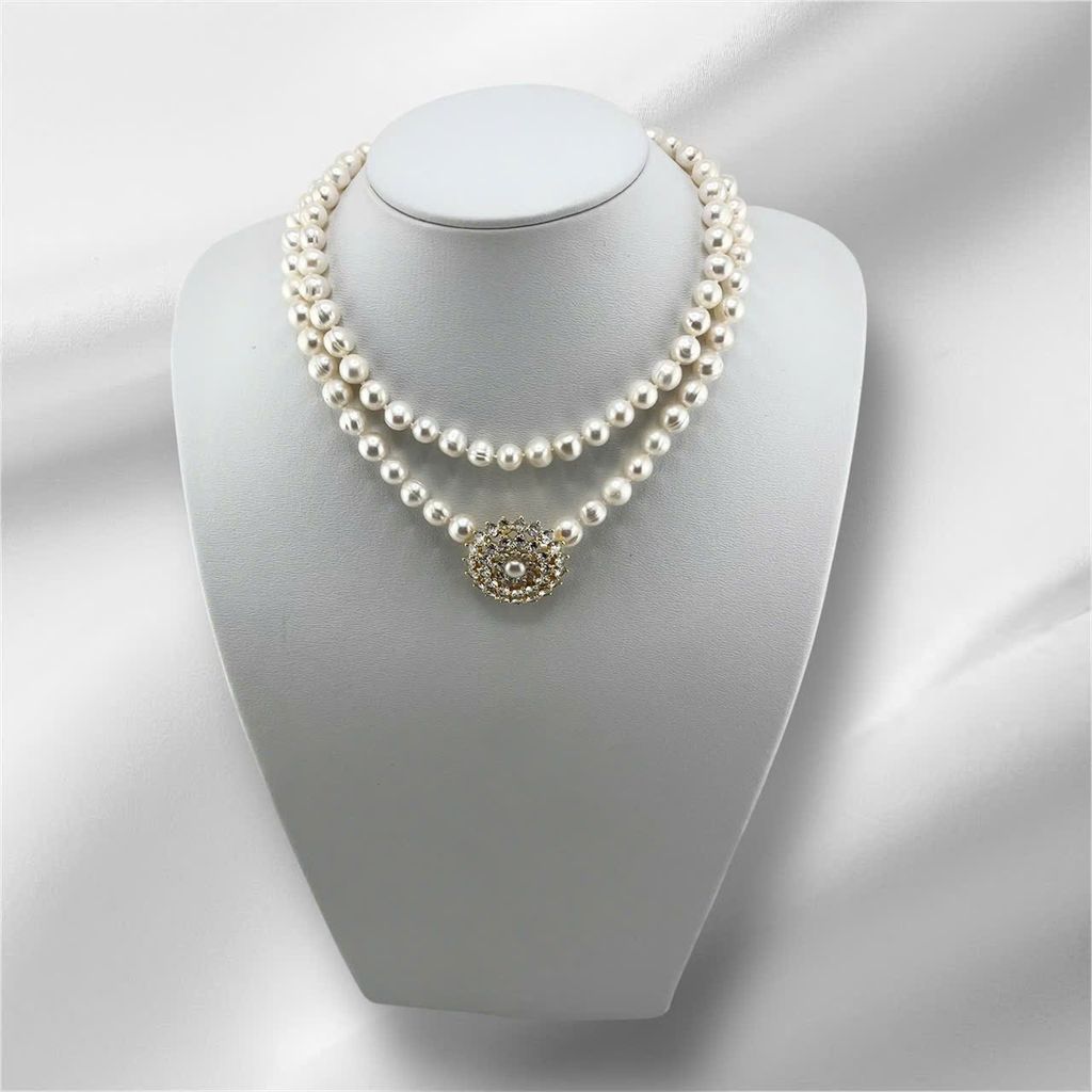 Vòng Cổ Ngọc Trai Tự Nhiên 8-9mm Dài 80cm Khoá Hoa Hướng Dương Đính Đá Long Lanh Sang Trọng MADAME HIEN PEARLS Cho Nữ CT062