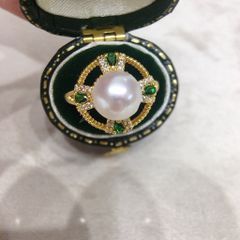 Nhẫn Ngọc Trai Tự Nhiên, Viền Kim Tiền Đính Đá Xanh Ngọc Bích Cao Cấp - Ngọc Trai Phú Quốc Gía Sỉ Cho Nữ NN152