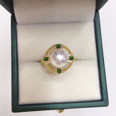 Nhẫn Ngọc Trai Tự Nhiên, Viền Kim Tiền Đính Đá Xanh Ngọc Bích Cao Cấp - Ngọc Trai Phú Quốc Gía Sỉ Cho Nữ NN152