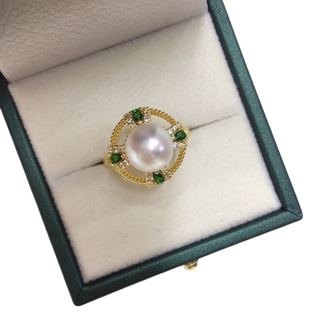 Nhẫn Ngọc Trai Tự Nhiên, Viền Kim Tiền Đính Đá Xanh Ngọc Bích Cao Cấp - Ngọc Trai Phú Quốc Gía Sỉ Cho Nữ NN152