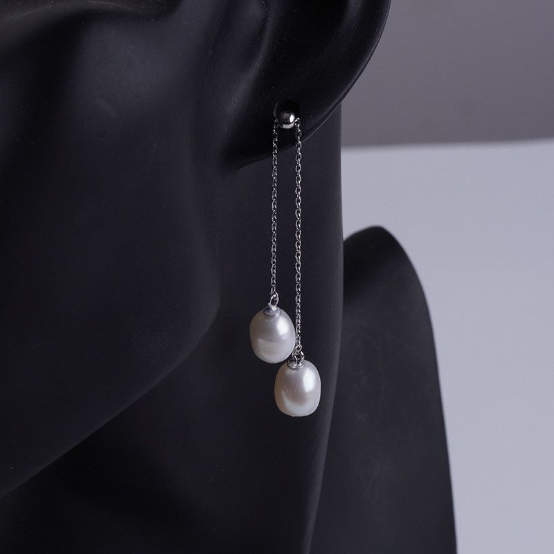 Bông Tai Bạc Ý s925 Đính Tua Rua Dài Ngọc Trai Nước Ngọt Tự Nhiên Giọt Nước MADAME HIEN PEARLS BTG049B