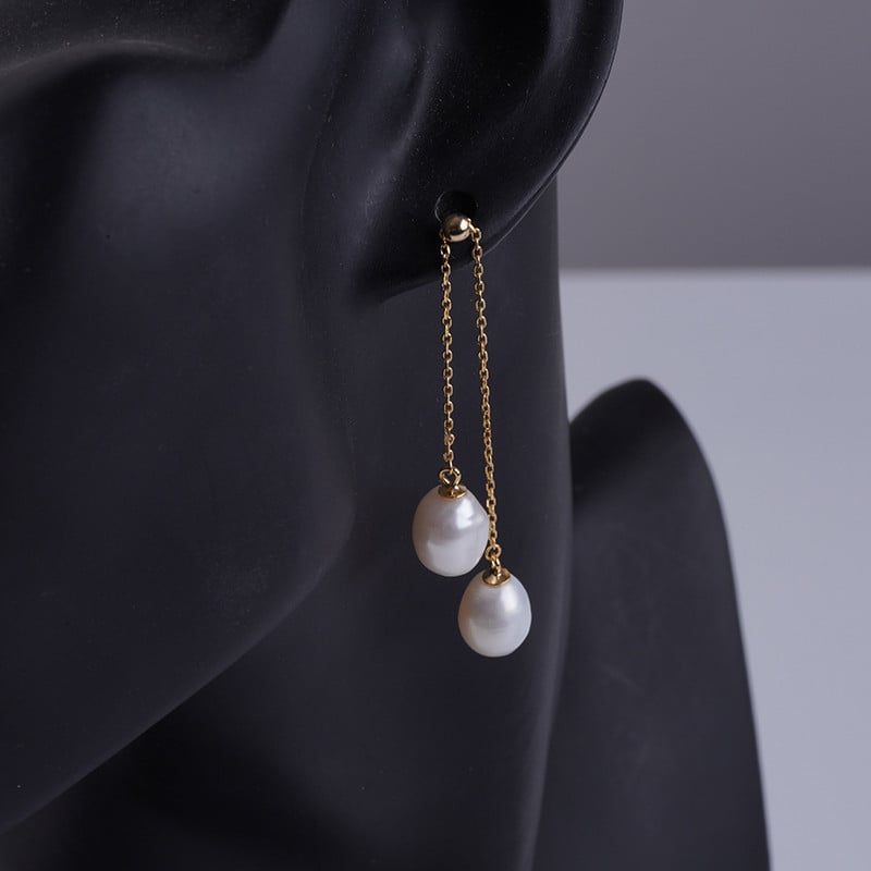 Bông Tai Bạc Ý s925 Đính Tua Rua Dài Ngọc Trai Nước Ngọt Tự Nhiên Giọt Nước MADAME HIEN PEARLS BTG049B