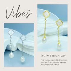 Bông Tai Tua Rua Ngọc Trai Hạt Gạo Tự Nhiên Mặt Cỏ 4 Lá Ngọc Trai Phú Quốc Giá Sỉ BTG170