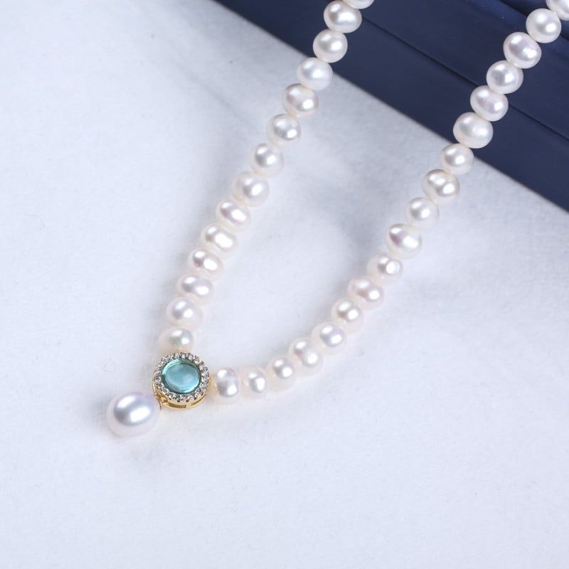 Vòng Cổ Choker Ngọc Trai Tự Nhiên Phối Mặt Dây Chuyền Đá Xanh Aquamarine và Mặt Ngọc Trai Giọt Nước Trang Sức Thanh Lịch MADAME HIEN PEARLS Cho Nữ CT072