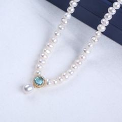 Vòng Cổ Choker Ngọc Trai Tự Nhiên Phối Mặt Dây Chuyền Đá Xanh Aquamarine và Mặt Ngọc Trai Giọt Nước Trang Sức Thanh Lịch MADAME HIEN PEARLS Cho Nữ CT072