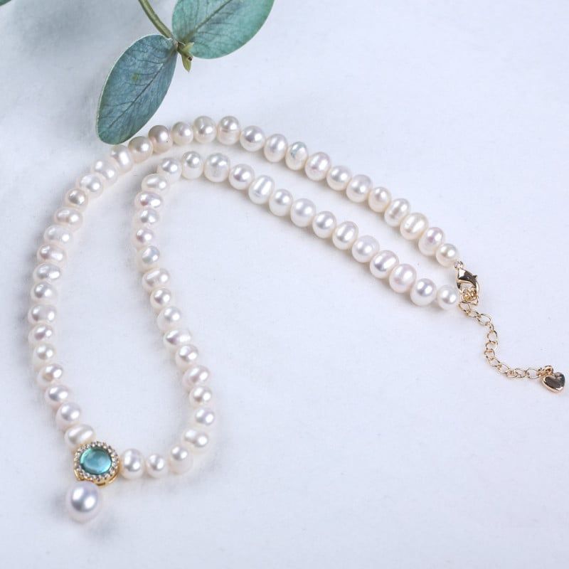 Vòng Cổ Choker Ngọc Trai Tự Nhiên Phối Mặt Dây Chuyền Đá Xanh Aquamarine và Mặt Ngọc Trai Giọt Nước Trang Sức Thanh Lịch MADAME HIEN PEARLS Cho Nữ CT072