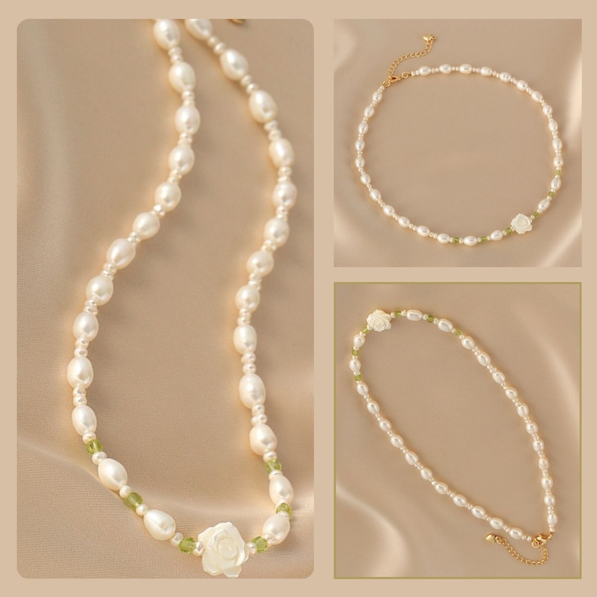 Bộ Trang Sức Ngọc Trai gồm Vòng Cổ và Vòng Tay Ngọc Trai Tự Nhiên Phối Đá Xanh Charm Hoa Hồng Trắng – Trang Sức Nữ Thanh Lịch Cao Cấp MADAME HIEN PEARLS Đáng Yêu SCG014