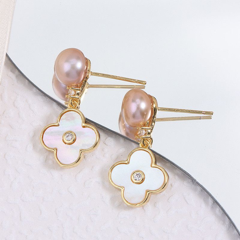 Bông Tai Ngọc Trai Tự Nhiên Mặt Tua Rua Cỏ 4 Lá Phong Cách Van Cleef & Arpels MADAME HIEN PEARLS Cho Nữ BTN308