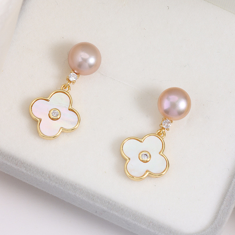 Bông Tai Ngọc Trai Tự Nhiên Mặt Tua Rua Cỏ 4 Lá Phong Cách Van Cleef & Arpels MADAME HIEN PEARLS Cho Nữ BTN308