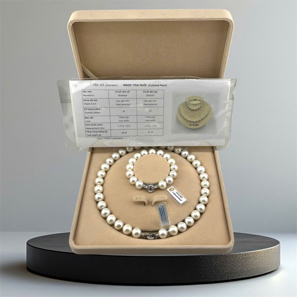 [Kèm kiểm định] Bộ Set Ngọc Trai VVIP Vòng cổ và Vòng Tay Bộ Trang Sức Ngọc Trai Trắng Ngà Tự Nhiên 11-13mm 4A- Cao Cấp Ngọc Trai Phú Quốc Giá Sỉ SCT051