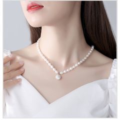 Vòng Cổ Ngọc Trai Gạo oval Tự Nhiên 6-8mm, Mặt Ngọc Tròn Lớn 11-12mm Cao Cấp Khoá Bạc s925 - Ngọc Trai Phú Quốc CG065LTR