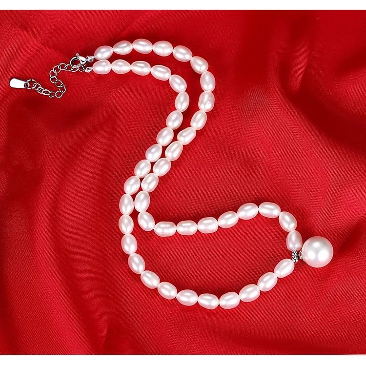 Vòng Cổ Ngọc Trai Gạo oval Tự Nhiên 6-8mm, Mặt Ngọc Tròn Lớn 11-12mm Cao Cấp Khoá Bạc s925 - Ngọc Trai Phú Quốc CG065LTR