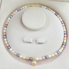 Vòng Cổ Ngọc Trai Gạo oval Tự Nhiên 6-8mm, Mặt Ngọc Tròn Lớn 11-12mm Cao Cấp Khoá Bạc s925 - Ngọc Trai Phú Quốc CG065LTR