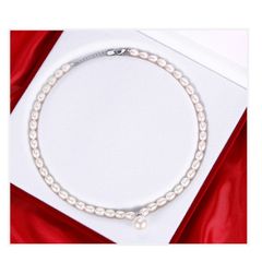Vòng Cổ Ngọc Trai Gạo oval Tự Nhiên 6-8mm, Mặt Ngọc Tròn Lớn 11-12mm Cao Cấp Khoá Bạc s925 - Ngọc Trai Phú Quốc CG065LTR