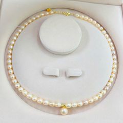 Vòng Cổ Ngọc Trai Gạo oval Tự Nhiên 6-8mm, Mặt Ngọc Tròn Lớn 11-12mm Cao Cấp Khoá Bạc s925 - Ngọc Trai Phú Quốc CG065LTR