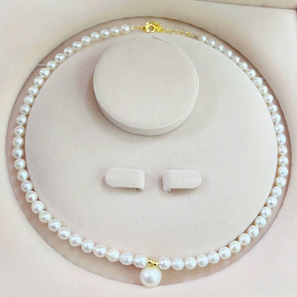 Vòng Cổ Ngọc Trai Gạo oval Tự Nhiên 6-8mm, Mặt Ngọc Tròn Lớn 11-12mm Cao Cấp Khoá Bạc s925 - Ngọc Trai Phú Quốc CG065LTR