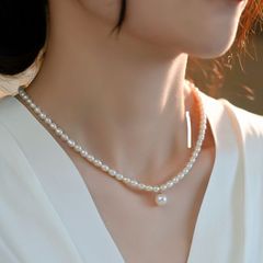 Vòng Cổ Ngọc Trai Gạo oval Tự Nhiên 6-8mm, Mặt Ngọc Tròn Lớn 11-12mm Cao Cấp Khoá Bạc s925 - Ngọc Trai Phú Quốc CG065LTR