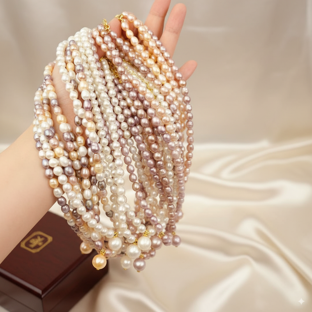 Vòng Cổ Ngọc Trai Gạo oval Tự Nhiên 6-8mm, Mặt Ngọc Tròn Lớn 11-12mm Cao Cấp Khoá Bạc s925 - Ngọc Trai Phú Quốc CG065LTR