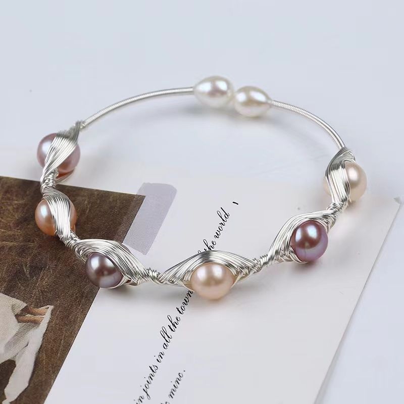 Vòng Tay Ngọc Trai Baroque Dạng Còng Cứng Quấn Dây Bạc Đính 6 Hạt Ngọc Trai Baroque Cá Tính MADAME HIEN PEARLS Unisex Nam Nữ VTB087
