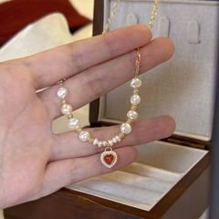 Designer Jewelry Dây Chuyền Ngọc Trai Baroque Tự Nhiên Mặt Trái Tim Barlow Đỏ Huyết Cổ Điển MADAME HIEN PEARLS Cho Nữ MB042
