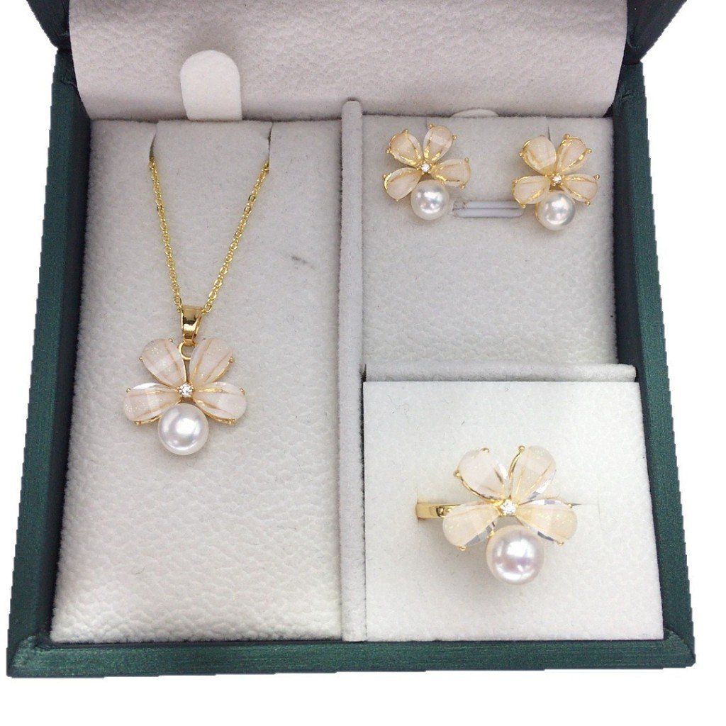 Bộ Trang Sức Ngọc Trai Phú Quốc Hoa Mai Xà Cừ 5 Cánh – Dây Chuyền, Bông Tai, Nhẫn Ngọc Trai Thật Cao Cấp Giá Sỉ Tại Phú Quốc MADAME HIEN PEARLS Cho Nữ SPS125