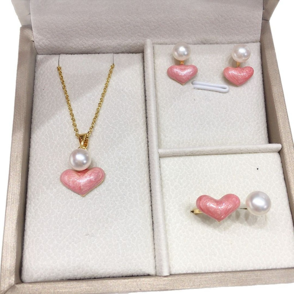 Bộ Set Trang Sức Ngọc Trai Vòng cổ, Nhẫn và Bông Tai Ngọc Trai Tự Nhiên Tim Hồng Pink Love MADAME HIEN PEARLS Cho Nữ SPS123