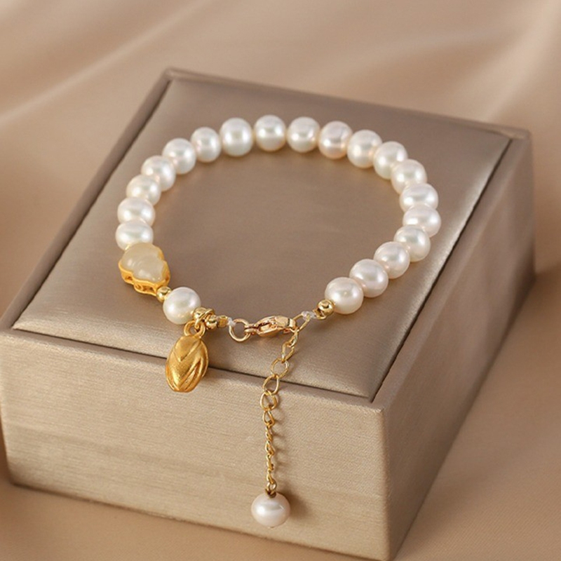Vòng Tay Ngọc Trai Tự Nhiên Mặt Đính Hạt Gạo Mạ Vàng và Hồ Lô Cẩm Thạch Phong Thuỷ May Mắn Phú Quý MADAME HIEN PEARLS Cho Nữ VTT135