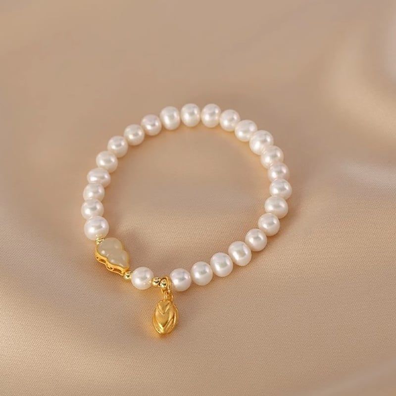 Vòng Tay Ngọc Trai Tự Nhiên Mặt Đính Hạt Gạo Mạ Vàng và Hồ Lô Cẩm Thạch Phong Thuỷ May Mắn Phú Quý MADAME HIEN PEARLS Cho Nữ VTT135