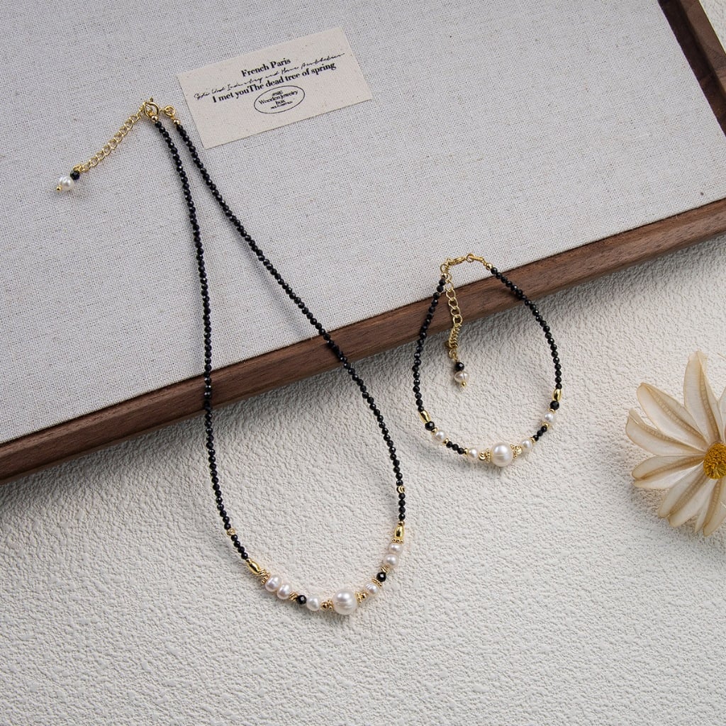 Set Vòng Cổ và Vòng Tay Đá Tourmaline Đen Phối Ngọc Trai Tự Nhiên Trang Sức Thủ Công Thanh Lịch MADAME HIEN PEARLS Nam Nữ BPS001