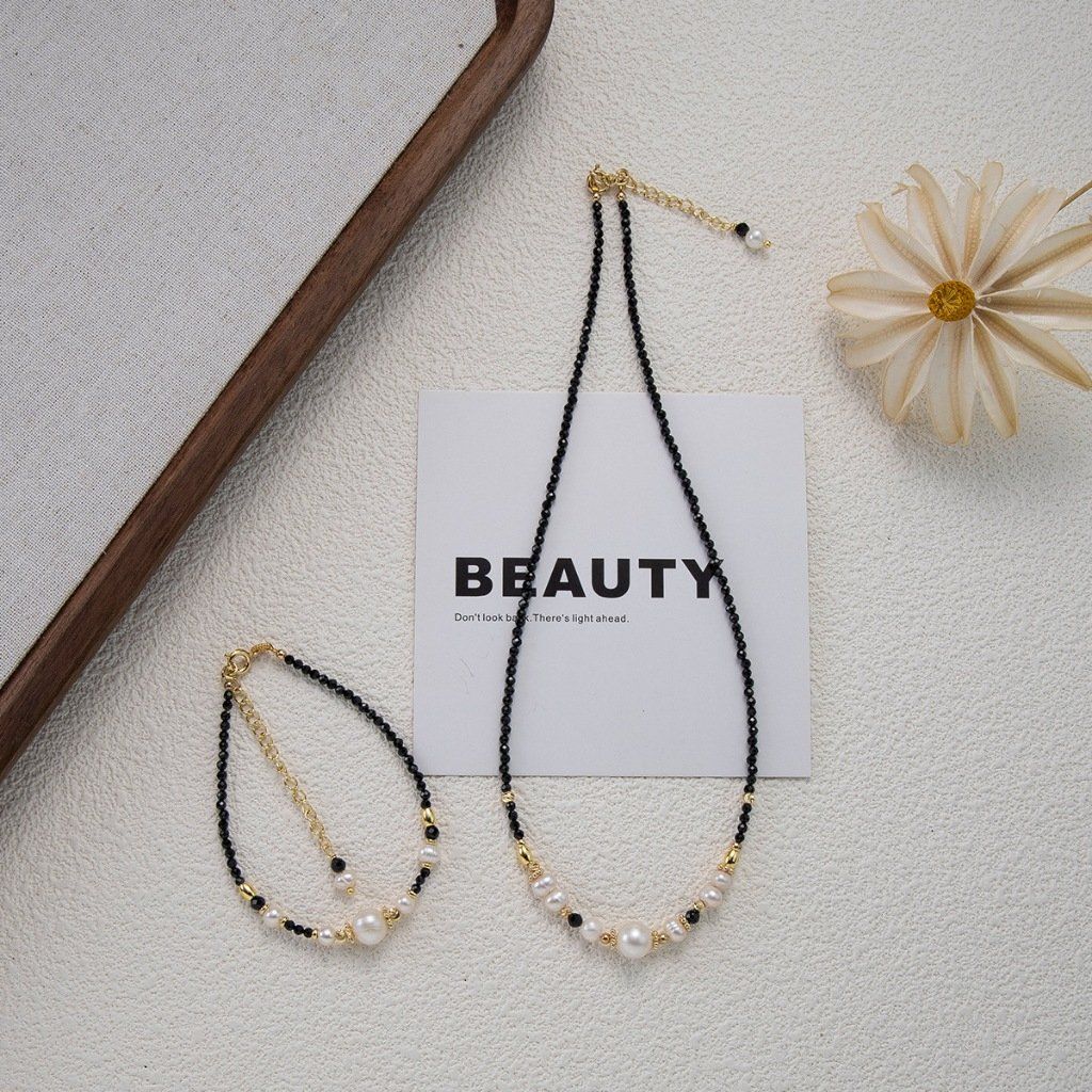 Set Vòng Cổ và Vòng Tay Đá Tourmaline Đen Phối Ngọc Trai Tự Nhiên Trang Sức Thủ Công Thanh Lịch MADAME HIEN PEARLS Nam Nữ BPS001