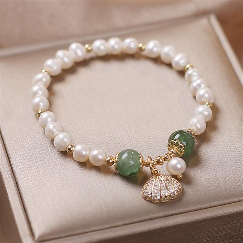 Vòng Tay Ngọc Trai Tự Nhiên Phối Hạt Cham Cẩm Thạch Dâu Tây Tua Rua Sò Biển MADAME HIEN PEARLS VTT084