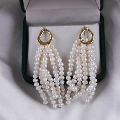DESIGNER JEWELRY Bông Tai Tua Rua Ngọc Trai Tự Nhiên Chùm 6 Dây Khoá Mạ Vàng 14 Chốt Thời Trang RUNWAY Sang Trọng MADAME HIEN PEARLS BTT134