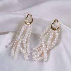 DESIGNER JEWELRY Bông Tai Tua Rua Ngọc Trai Tự Nhiên Chùm 6 Dây Khoá Mạ Vàng 14 Chốt Thời Trang RUNWAY Sang Trọng MADAME HIEN PEARLS BTT134