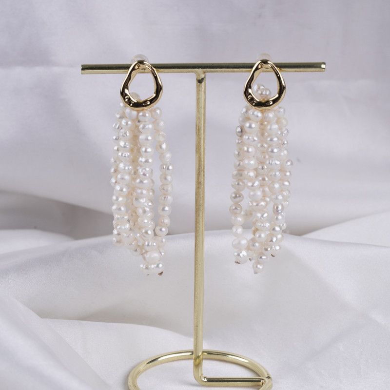 DESIGNER JEWELRY Bông Tai Tua Rua Ngọc Trai Tự Nhiên Chùm 6 Dây Khoá Mạ Vàng 14 Chốt Thời Trang RUNWAY Sang Trọng MADAME HIEN PEARLS BTT134