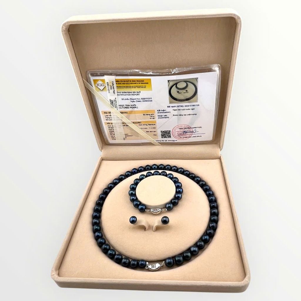[Kèm Kiểm Định] Bộ Set Trang Sức VIP Ngọc Trai Đen Lông Công Tự Nhiên 9-11mm Gồm Vòng cổ, Vòng Tay, Bông tai Ngọc Trai MADAME HIEN PEARLS SCT046