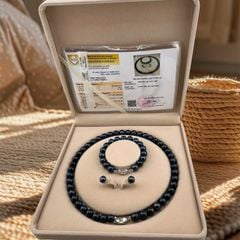 [Kèm Kiểm Định] Bộ Set Trang Sức VIP Ngọc Trai Đen Lông Công Tự Nhiên 9-11mm Gồm Vòng cổ, Vòng Tay, Bông tai Ngọc Trai MADAME HIEN PEARLS SCT046