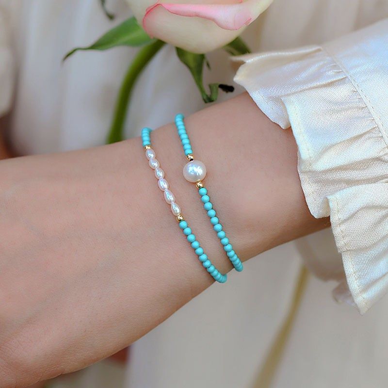 Vòng Tay Boho Ngọc Lam Turquoise beads Phối Ngọc Trai Hạt Gạo Nhỏ Xinh MADAME HIEN PEARLS Đáng Yêu VTG051